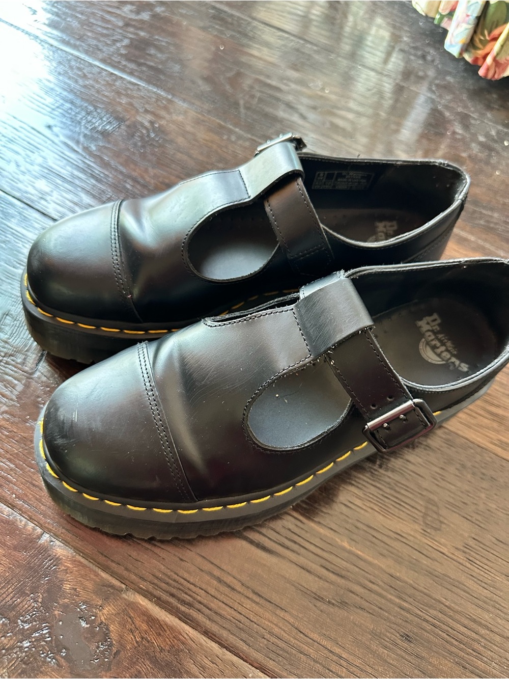 Dr. Martens Black Leather T-Bar Mary Jane with Yellow Stitching